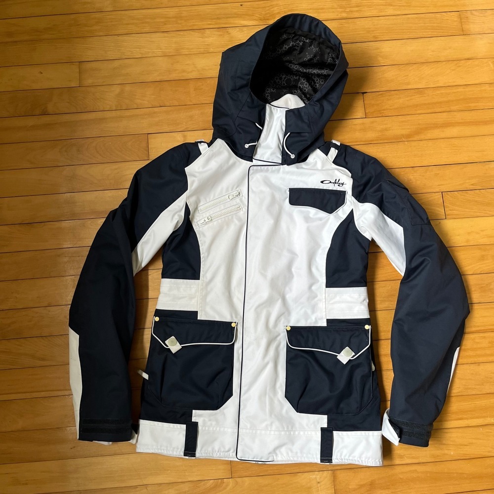 Oakley Hooded Ski Snowboard Jacket Navy White Colorblock Mens Large L Andrak Fit
